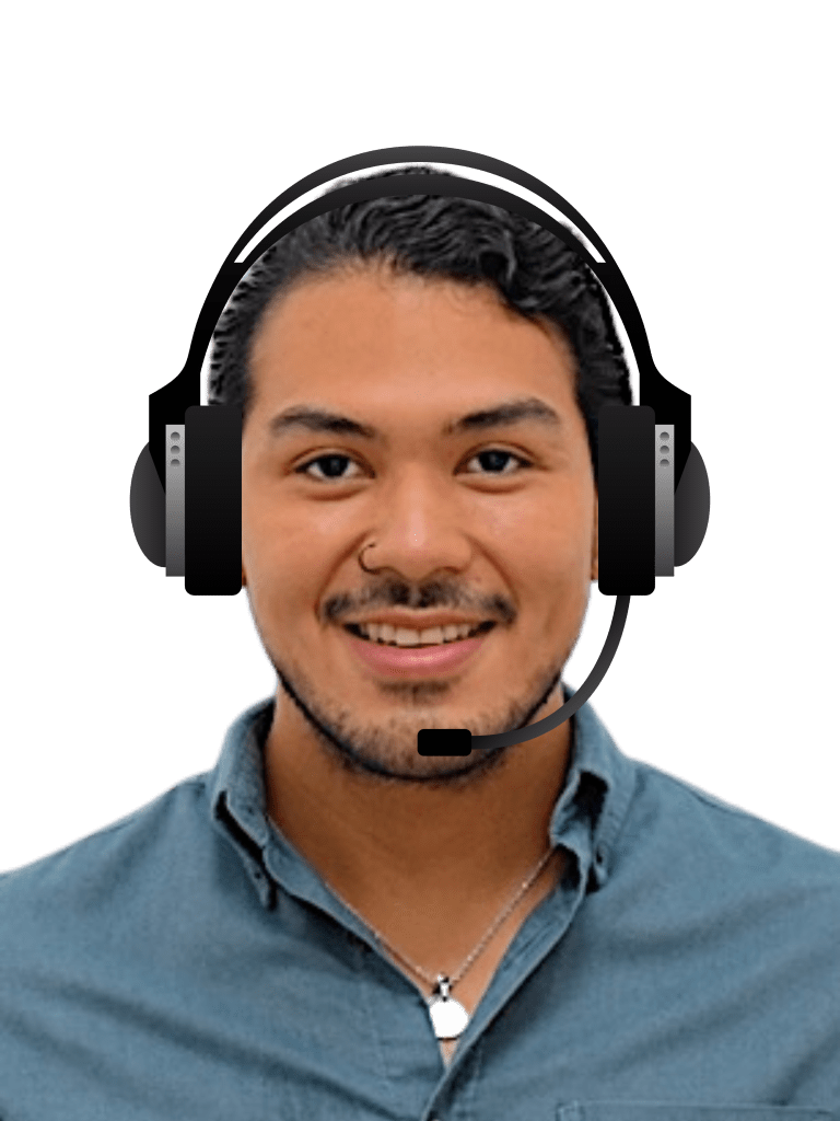 The image portrays Juan, a brown-skin latino smiling at the camera, wearing a black headset and a green shirt.